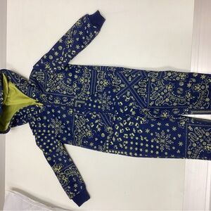 Kids Savage Fenty Blue and Yellow Christmas Patterned One Piece with hood